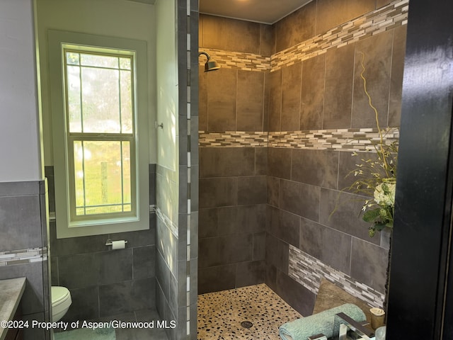 bathroom with tiled shower, vanity, toilet, and tile walls