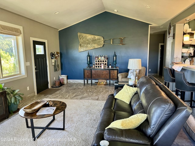 living room featuring lofted ceiling