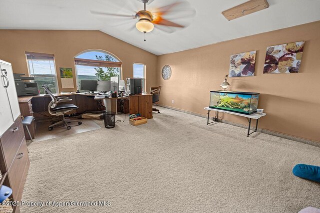 289 Lewis Ln, Craig, CO 81625 - carpeted office featuring a ceiling fan, lofted ceiling, and baseboards