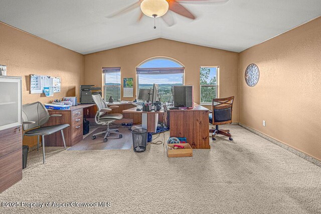 289 Lewis Ln, Craig, CO 81625 - carpeted office featuring a ceiling fan, a textured wall, vaulted ceiling, and baseboards