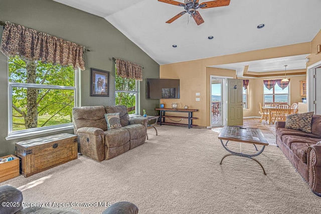 289 Lewis Ln, Craig, CO 81625 - carpeted living area with ceiling fan, vaulted ceiling, plenty of natural light, and baseboards