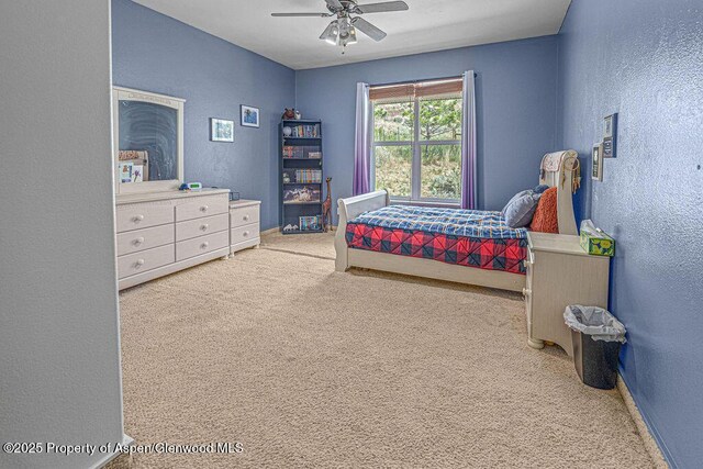 289 Lewis Ln, Craig, CO 81625 - bedroom featuring a textured wall, carpet floors, a ceiling fan, and baseboards