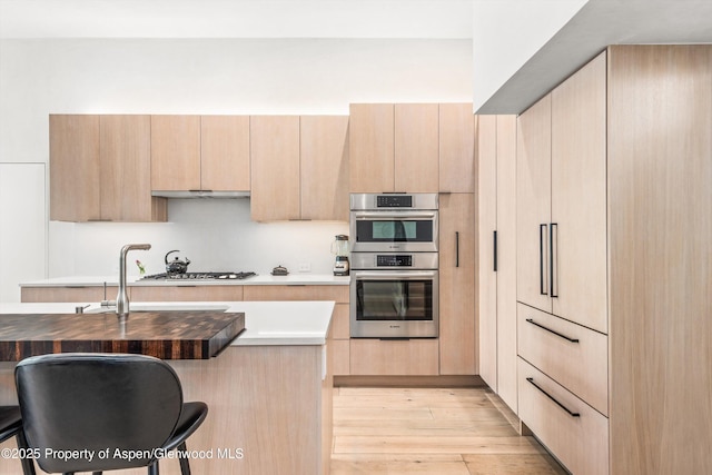 155 Lone Pine Rd Unit 2, Aspen, CO 81611 - kitchen with stainless steel appliances, light brown cabinets, light wood-style flooring, and under cabinet range hood