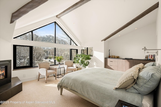 155 Lone Pine Rd Unit 2, Aspen, CO 81611 - bedroom featuring carpet flooring, beam ceiling, a glass covered fireplace, and high vaulted ceiling