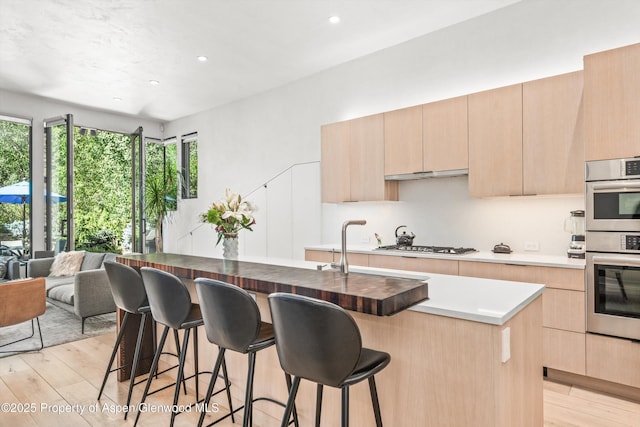 155 Lone Pine Rd Unit 2, Aspen, CO 81611 - kitchen with light brown cabinets, light wood finished floors, a kitchen bar, stainless steel appliances, and modern cabinets