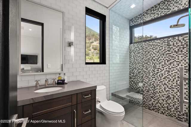 295 Aspen Valley Ranch Rd, Woody Creek, CO 81656 - full bathroom with vanity, tile walls, a stall shower, toilet, and marble finish floors