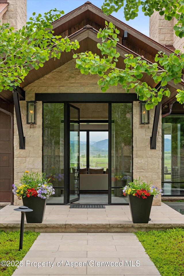295 Aspen Valley Ranch Rd, Woody Creek, CO 81656 - doorway to property featuring stone siding