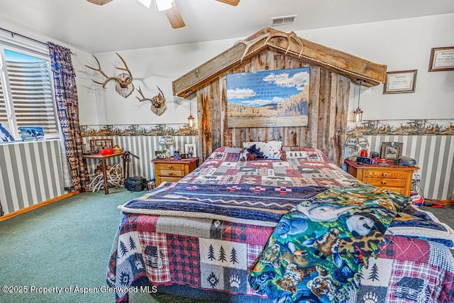 37 Pronghorn Rd, Craig, CO 81625 - carpeted bedroom with a ceiling fan, visible vents, and wallpapered walls