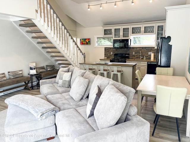 1195 E Cooper Ave Unit A, Aspen, CO 81611 - living room featuring stairs, wood finished floors, and rail lighting