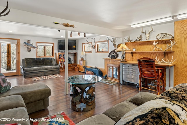 living room featuring wood-type flooring and a fireplace