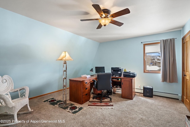 office featuring carpet floors, baseboards, ceiling fan, and baseboard heating