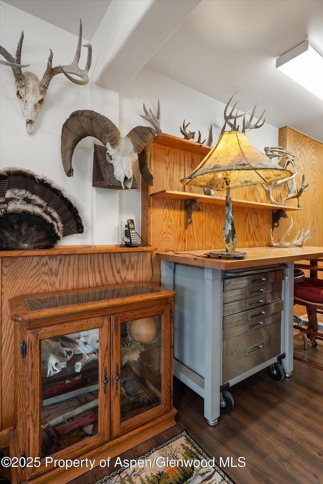 bar with dark wood-style flooring