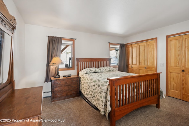 bedroom featuring carpet floors, multiple windows, and baseboard heating