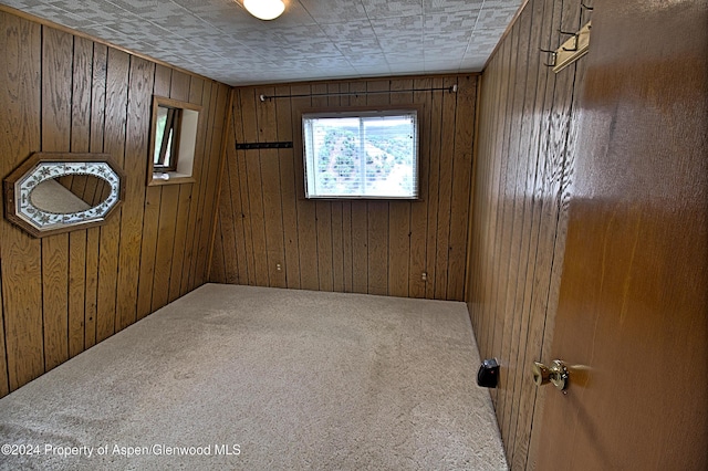 carpeted spare room featuring wooden walls