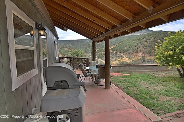 view of patio with a mountain view