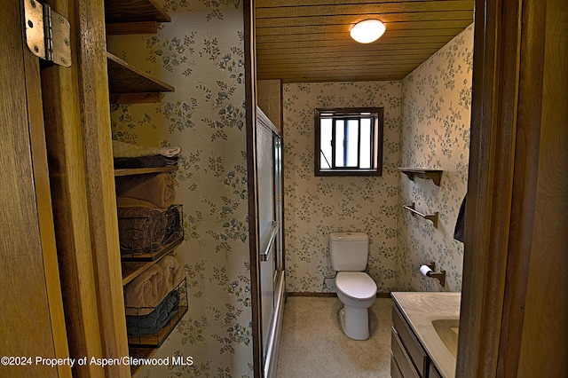 bathroom with vanity, toilet, and wooden ceiling