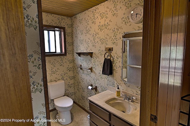 bathroom featuring an enclosed shower, vanity, toilet, and wooden ceiling