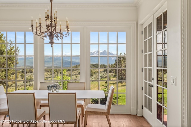 2959 County Road 103, Carbondale, CO 81623 - sunroom / solarium featuring french doors, a mountain view, and a chandelier