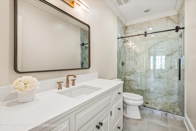 2959 County Road 103, Carbondale, CO 81623 - full bath with vanity, a marble finish shower, and ornamental molding
