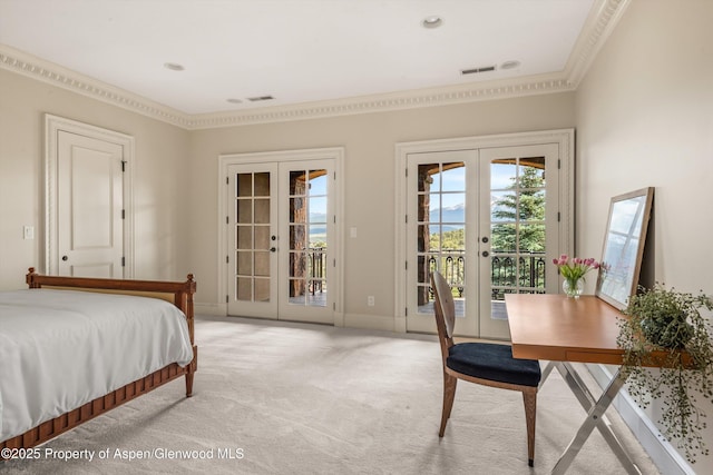 2959 County Road 103, Carbondale, CO 81623 - bedroom featuring french doors, light carpet, access to exterior, and ornamental molding