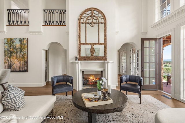 2959 County Road 103, Carbondale, CO 81623 - living room with arched walkways, a high ceiling, a lit fireplace, and wood finished floors
