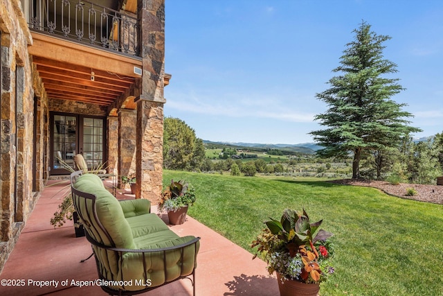 2959 County Road 103, Carbondale, CO 81623 - view of grassy yard with a mountain view and a patio area