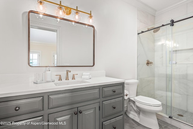 2959 County Road 103, Carbondale, CO 81623 - full bathroom featuring crown molding, vanity, a stall shower, and tile patterned floors