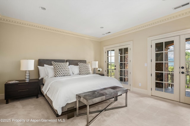 2959 County Road 103, Carbondale, CO 81623 - bedroom featuring french doors, access to exterior, light carpet, and ornamental molding