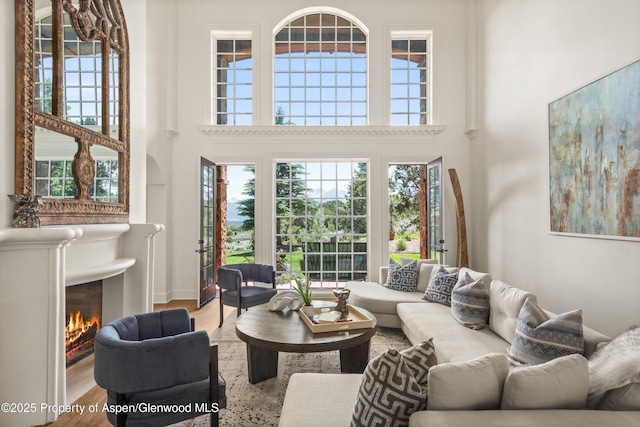 2959 County Road 103, Carbondale, CO 81623 - living area featuring a towering ceiling, plenty of natural light, and a warm lit fireplace