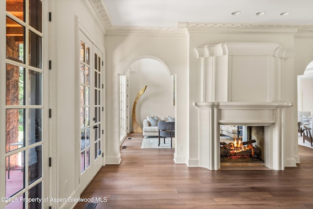 2959 County Road 103, Carbondale, CO 81623 - hallway with crown molding, french doors, wood finished floors, and arched walkways