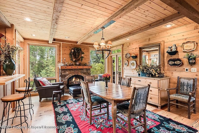 dining area with light hardwood / wood-style floors, wood walls, and wood ceiling