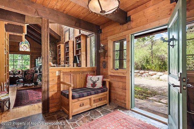 35 Starlit Ln, Snowmass, CO 81654 - mudroom with vaulted ceiling with beams, wooden walls, and wood ceiling