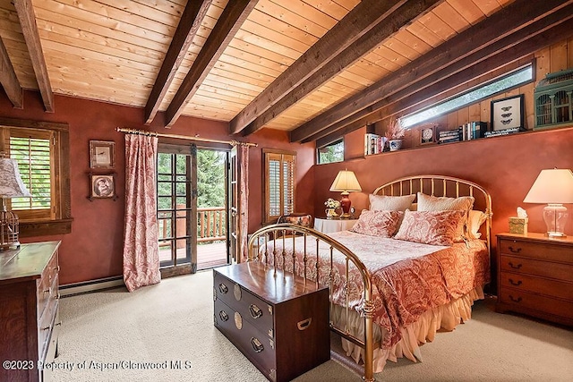 carpeted bedroom featuring beamed ceiling, access to outside, a baseboard heating unit, and wood ceiling