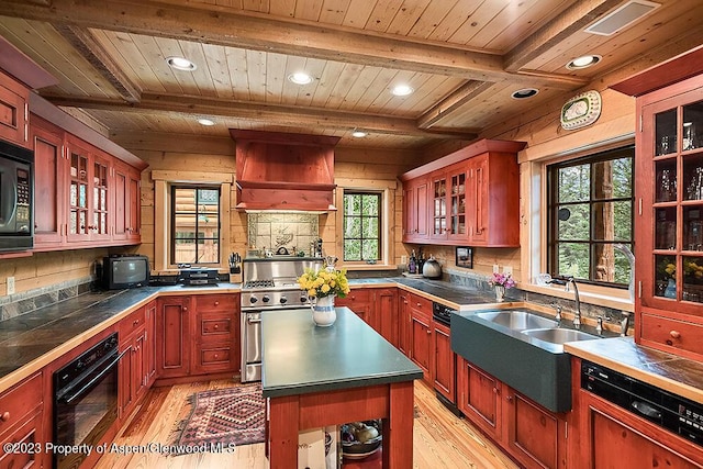 kitchen featuring beam ceiling, wooden ceiling, light hardwood / wood-style flooring, black appliances, and custom range hood