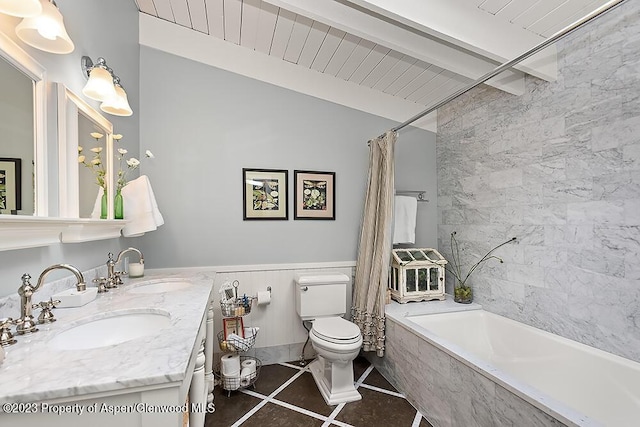 full bathroom featuring vanity, tile patterned floors, vaulted ceiling with beams, toilet, and shower / tub combo with curtain