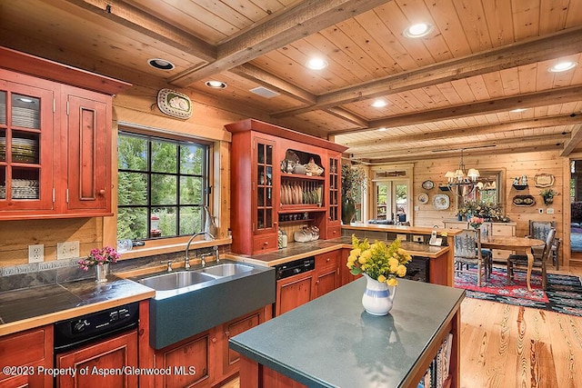 kitchen with wooden ceiling, wood walls, a healthy amount of sunlight, and an inviting chandelier