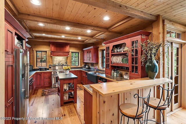 kitchen featuring wooden counters, custom range hood, appliances with stainless steel finishes, a kitchen bar, and wood ceiling