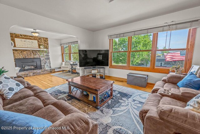 301 W 10th St, Craig, CO 81625 - living room featuring wood finished floors, a stone fireplace, and baseboards