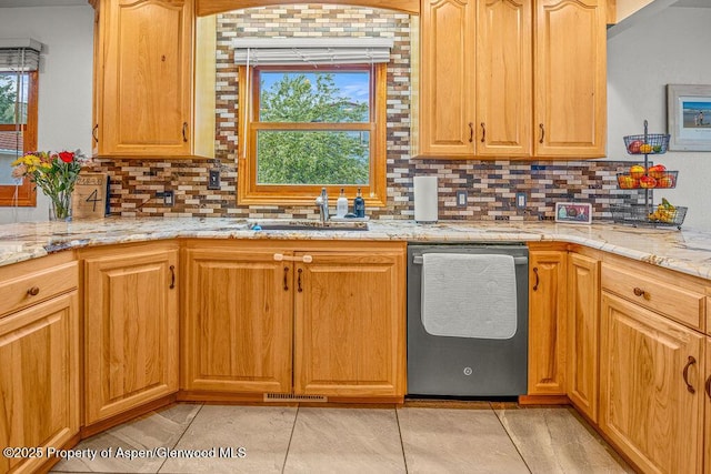301 W 10th St, Craig, CO 81625 - kitchen featuring dishwasher, decorative backsplash, a sink, and light stone counters