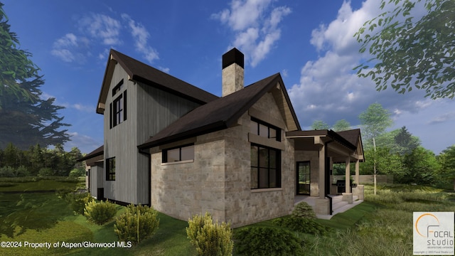 view of home's exterior with stone siding, a patio, and a chimney