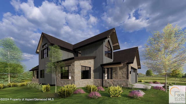 view of side of property with a garage, stone siding, a lawn, and concrete driveway