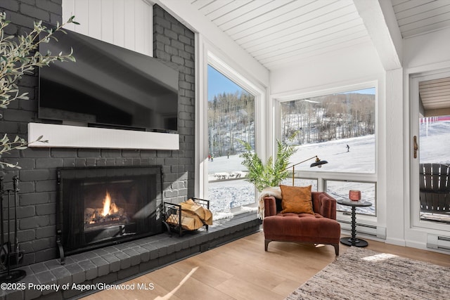 sitting room featuring a fireplace, wood-type flooring, and baseboard heating