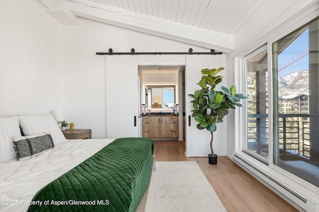 bedroom featuring light hardwood / wood-style flooring, a barn door, baseboard heating, and multiple windows