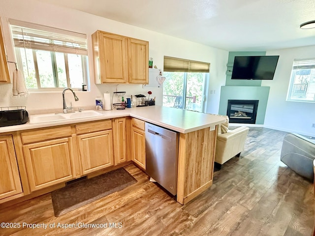 289 Mikala Ln, New Castle, CO 81647 - kitchen with stainless steel dishwasher, light brown cabinetry, a peninsula, and plenty of natural light