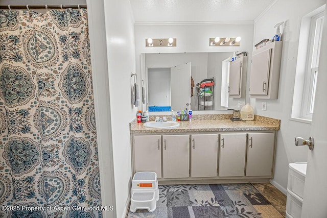bathroom featuring vanity, crown molding, and a shower with curtain