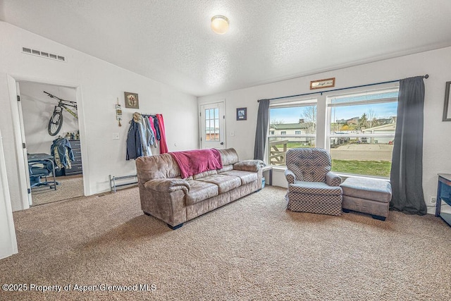 carpeted living room featuring a textured ceiling and visible vents