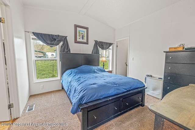 bedroom featuring visible vents, vaulted ceiling, and carpet floors