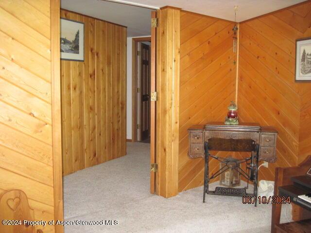 hall featuring carpet and wooden walls