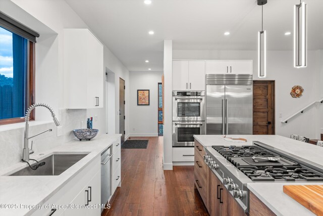 1108 County Road 110, Glenwood Springs, CO 81601 - kitchen with appliances with stainless steel finishes, a sink, dark wood-type flooring, recessed lighting, and pendant lighting