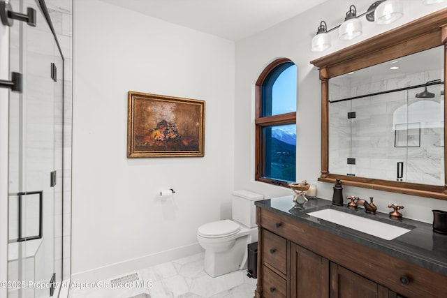 1108 County Road 110, Glenwood Springs, CO 81601 - full bath featuring toilet, vanity, baseboards, a stall shower, and marble finish floors
